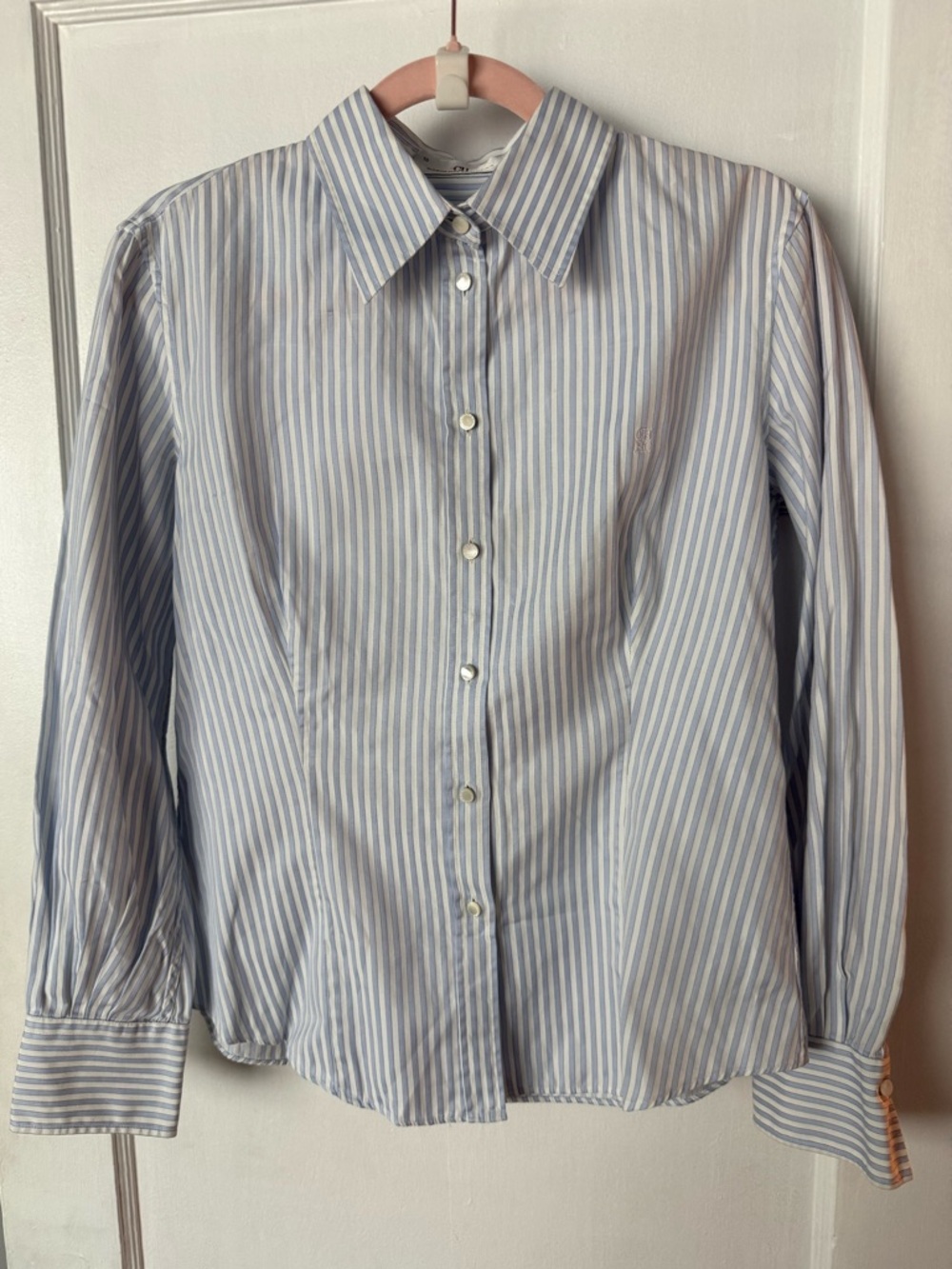 Like New Carolina Herrera Tailored Blue & White Striped Button-Down Shirt - Picture 5 of 10